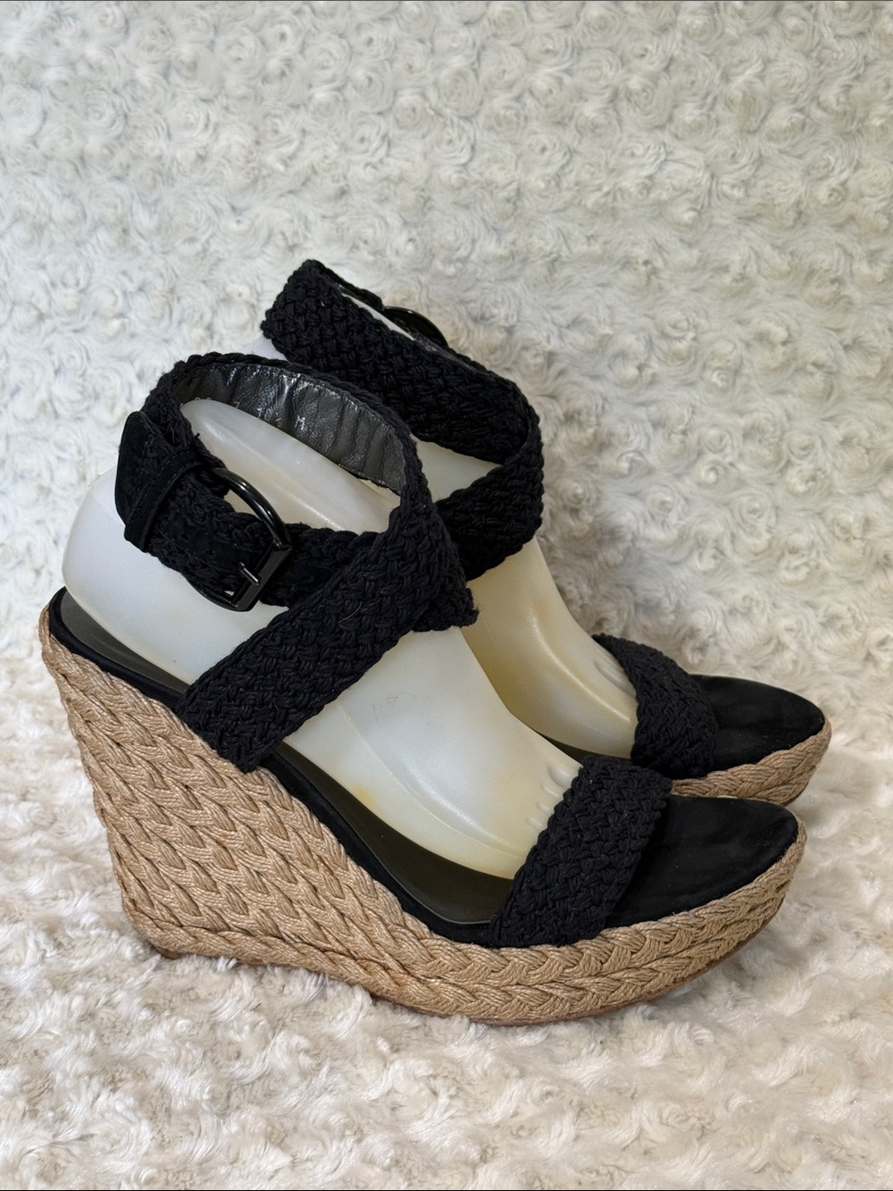 Stuart Weitzman Black Woven Espadrille Wedge Sandals, sz 10.5 M